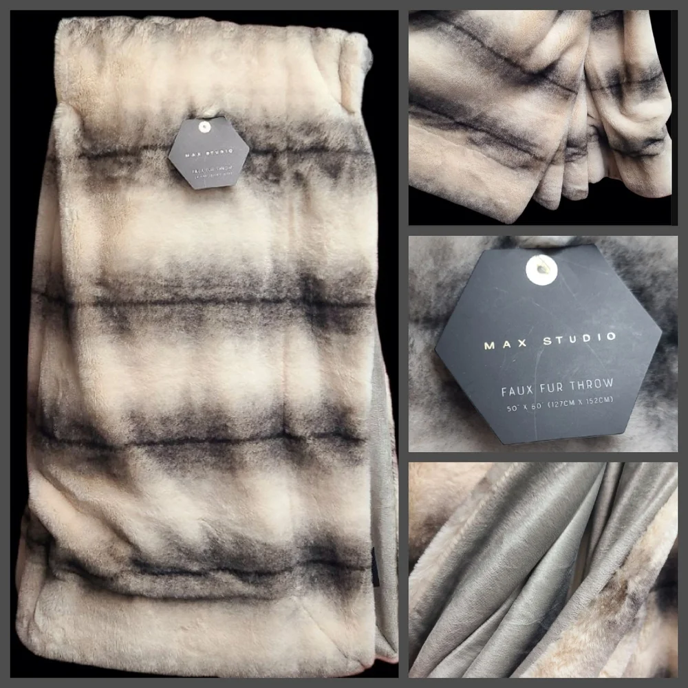 Max Studio Faux Fur Chinchilla Print Thick Plush Luxury Throw Blanket Decor NEW